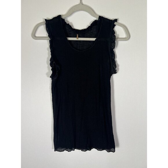Pointelle ruffle black sleeveless lightweight Coquette tank sz L 90s classic VTG - Picture 1 of 8